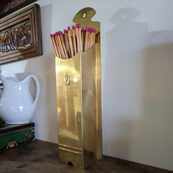 Antique Other - Vintage Large All Brass Gold Matchstick Holder Wall Hang By Fireplace Matches